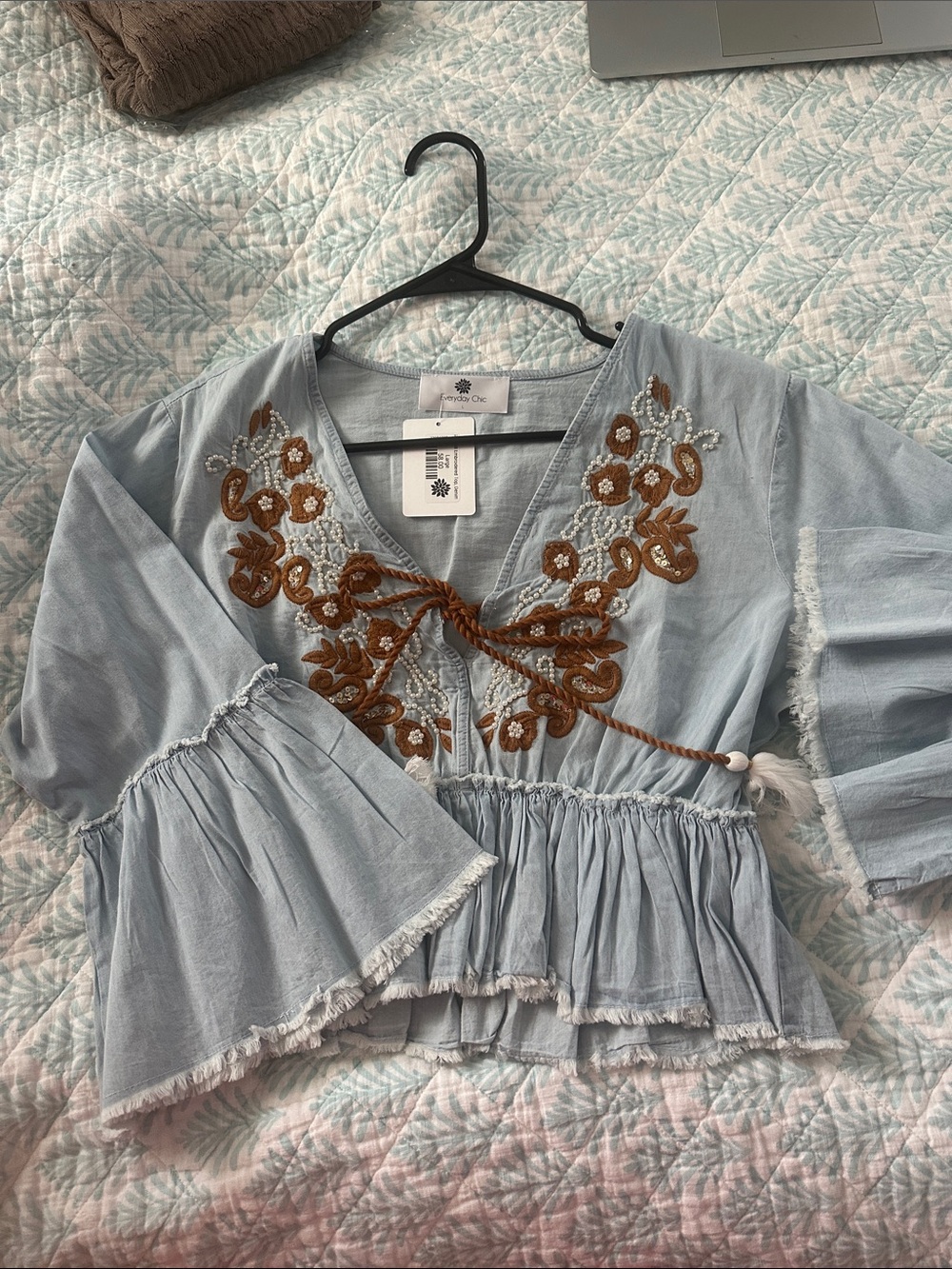 Embroidered Light Blue Peasant Blouse with Brown Floral Detail
